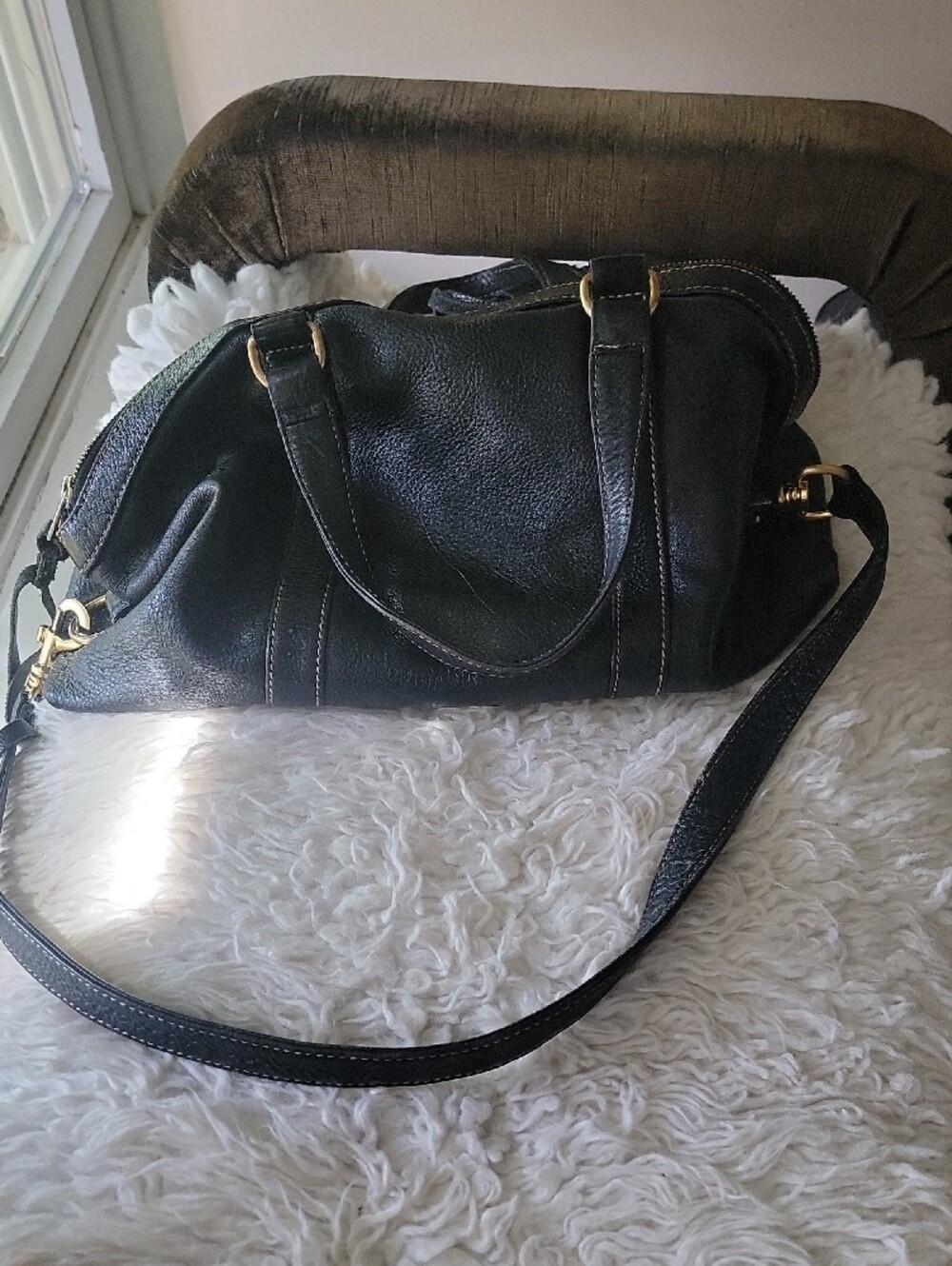 Black Leather Satchel Bag with Gold Hardware - Picture 3 of 6